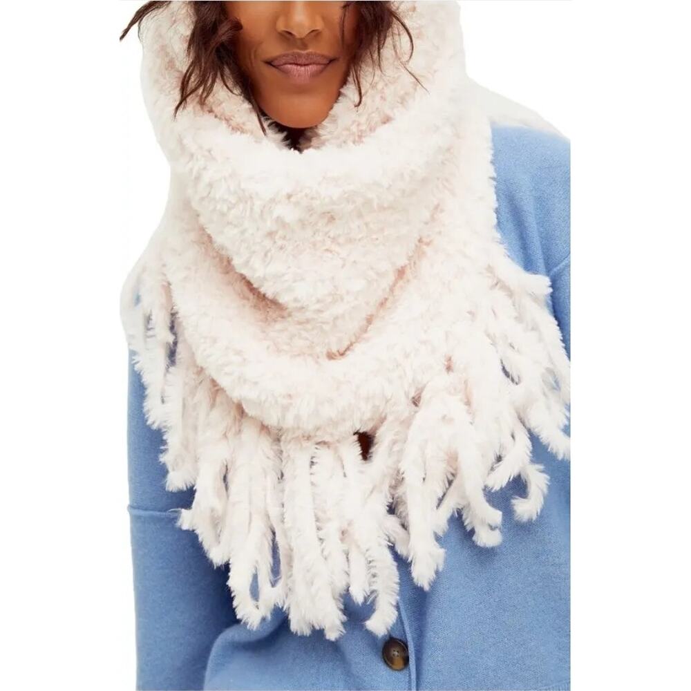 Free People Cascade Fringe Cowl Neck Scarf White Fuzzy Sherpa Oversized Winter